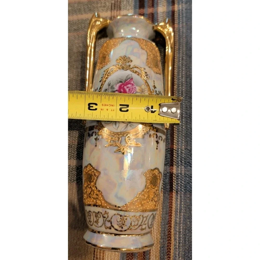 Vintage Floral Double Handle Porcelain Vase Gold Trim Iridescent Limoges China